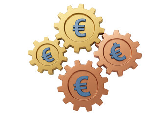 Isolated euro currency signs as golden and bronze metal gears, teamwork in business