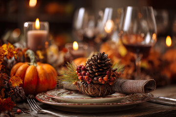 . A rustic wooden table setting with burgundy napkins and a pinecone centerpiece, glowing warmly. lifestyle magazines, social media lookbooks, designed for influencer and brand collaborations.