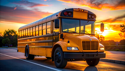 A classic yellow school bus travels on a city road, symbolizing education and safe transportation for children