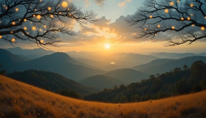 Stunning mountain sunset landscape with golden light illuminating rolling hills and trees adorned with glowing orbs
