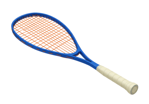 Isolated Tennis Racket with Blue Frame and Orange Strings for Court Sports or Competition