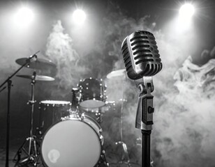Vintage microphone on a smoky stage with drum set and spotlights.