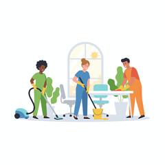 Illustration concept of a worker cleaning an office on a white background