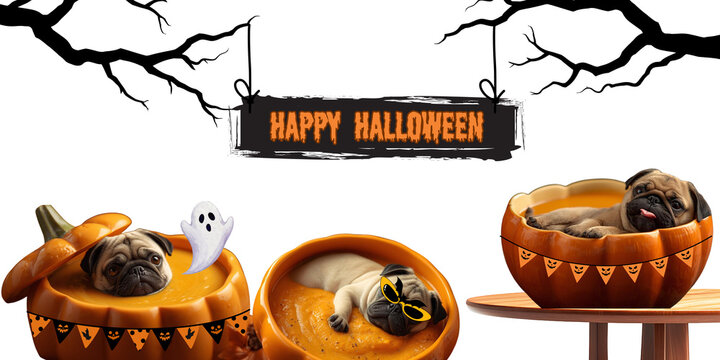 High-resolution illustration for Halloween dog lovers: a cute pug sleeping in a pumpkin-shaped bowl of pumpkin soup, with a festive &ldquo;Happy Halloween&rdquo; sign, perfect for a greeting card.