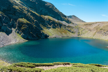 Fototapeta premium Mountain view of the Rila Mountains in Bulgaria. Seven Rila Lake hike. Eco trails. Connection with nature. 