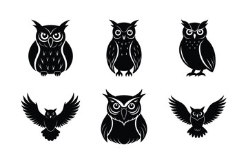 Set of different linocut styles of great horned owl