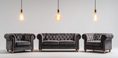 Vintage pendant lights add a touch of sophistication to a room with a gray sofa and armchairs