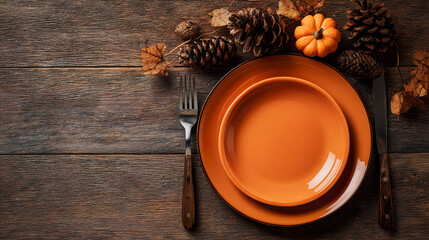 . A rustic wooden table setting with burgundy napkins and a pinecone centerpiece, glowing warmly. lifestyle magazines, social media lookbooks, designed for influencer and brand collaborations.