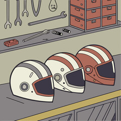 Three Vintage Striped Motorcycle Helmets in a Workshop