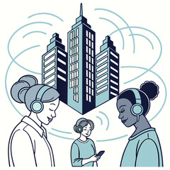 Three Women with Headphones Connecting in a Modern Cityscape