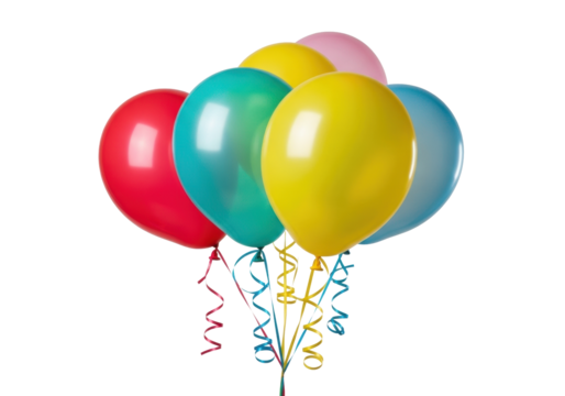 Five vibrant helium balloons (red, teal, yellow, pink, blue), taut, translucent, with curly streamers, on gray with soft shadows. Concept of delicate materiality and vibrant harmony