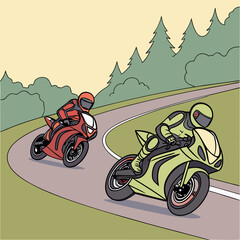 Two Motorcycle Racers Speeding Around a Curve on a Scenic Road