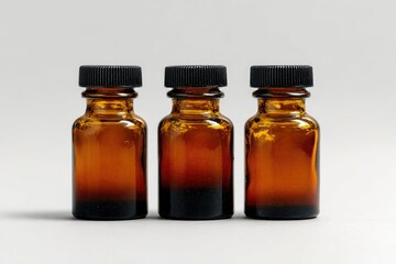 Three amber glass bottles on a light gray background