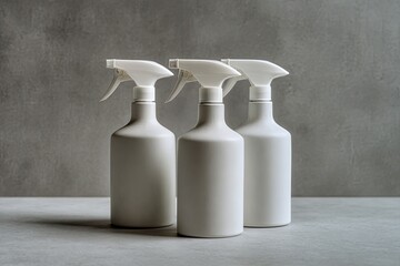 Three white spray bottles on a textured gray surface