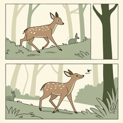 Two Panel Illustration of a Deer and Rabbit in a Forest