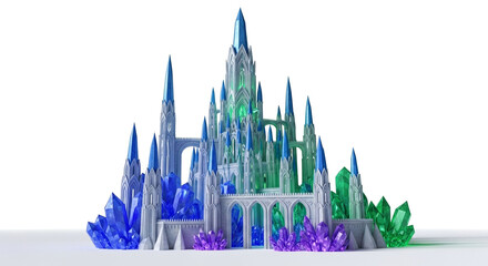 A majestic crystal castle with blue, green, and purple accents, isolated on white background a fantasy architecture concept with intricate details and vibrant colors