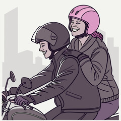 Two Smiling Women Riding Motorcycle in City
