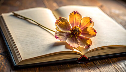 Book and Flower Harmony: An open book cradles a delicate flower, capturing the serene tranquility of reading and the beauty of nature, creating a visual poem of knowledge and serenity.