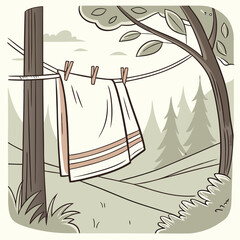 Two White Striped Towels Drying on Clothesline in a Forest