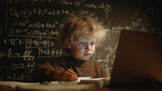 Child studying intently with laptop in front of blackboard filled with math equations in a well-lit room - Powered by Adobe