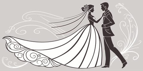 Silhouette of a bride and groom on their wedding day isolated