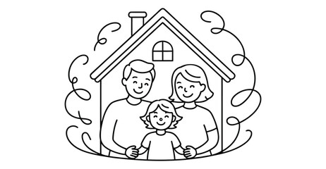 happy family standing in front of house line art illustration – concept of home, unity, love, parenting, security, and togetherness