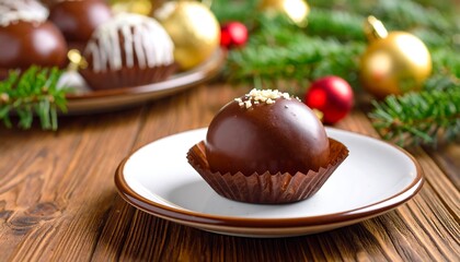 Chocolate balls on a wooden table with ornaments