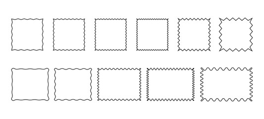 A set of empty square and rectangular shapes with a line of stamps with wavy and jagged edges, vector. Abstract decorative frames for labels, stickers with a place for text, isolated on white