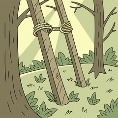 Two Wooden Posts Tied Together with Rope in a Forest Illustration