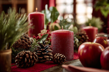 . A rustic wooden table setting with burgundy napkins and a pinecone centerpiece, glowing warmly. lifestyle magazines, social media lookbooks, designed for influencer and brand collaborations.