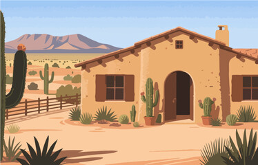 American style rural residential architecture and scenery, vector graphics
