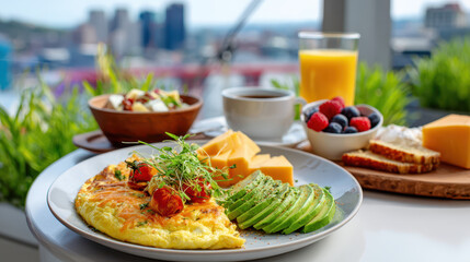 Breakfast spread featuring an omelette, avocado, fresh fruit, cheese, and beverages against a city skyline backdrop