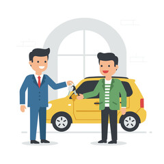 Employees wholesale car keys to a buyer at the showroom, depicted as a vector illustration concept