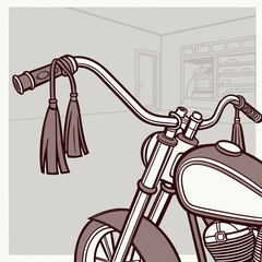 Vintage Motorcycle Handlebars with Brown Leather Tassels in a Garage