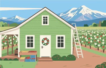 American style rural residential architecture and scenery, vector graphics