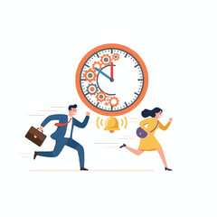 Illustration concept of a businessman and businesswoman running toward work against the backdrop of an old clock, with people rushing