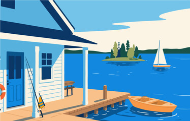 Fototapeta premium American style rural residential architecture and scenery, vector graphics