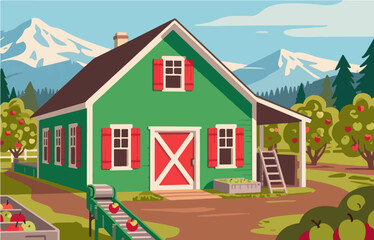 American style rural residential architecture and scenery, vector graphics