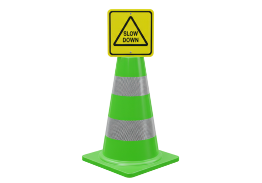 Isolated green traffic cone with reflective stripes and slow down sign on top stands upright