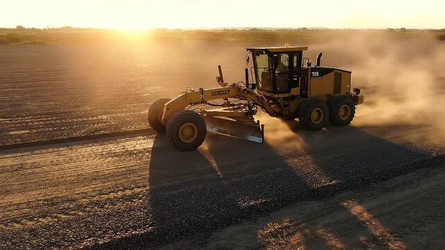Grader machine working on a road construction site at sunset.