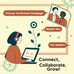 Woman Attending Virtual Conference on Laptop with Speakers and Registration Information