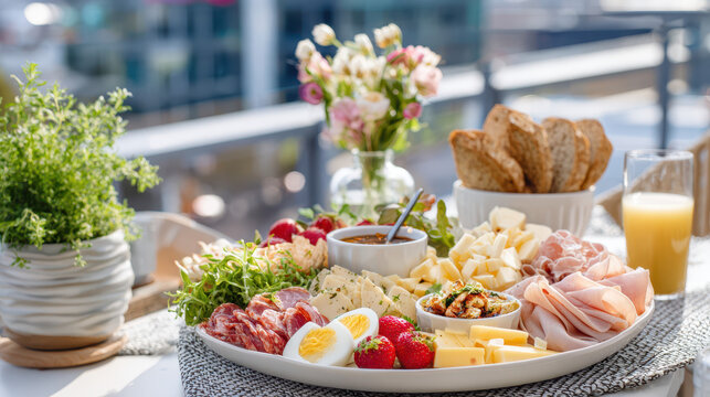 A beautifully arranged charcuterie board on a sunlit table with assorted cheeses, cured meats, fresh strawberries, and a floral centerpiece