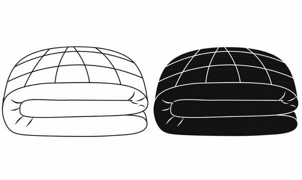 Vector duvet icon set in outline and silhouette style, folded quilt blanket bedding, soft comforter symbol for bedroom, sleep, hotel, textile, household design use.