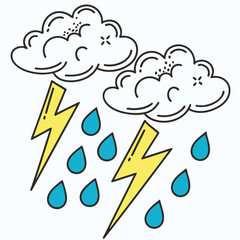 A stylized cartoon showing two dark, fluffy clouds releasing yellow lightning bolts and several blue raindrops. The clouds are outlined in black with internal line.