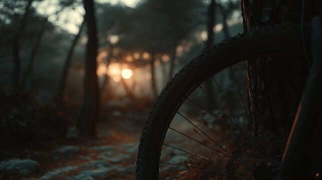 Golden Hour Adventure: Exploring Mountain Biking Culture in Twilight Glow with Close-Up Frame within Frame Shot - Powered by Adobe