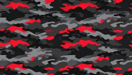 Abstract camouflage pattern in grey, black, and red