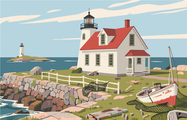 American style rural residential architecture and scenery, vector graphics