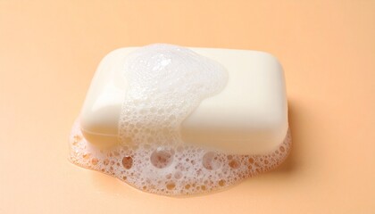 White Soap Bar with Abundant Lather, Creamy Foam, Bubbles, Hygiene, Cleanliness, Purity, Refreshing,