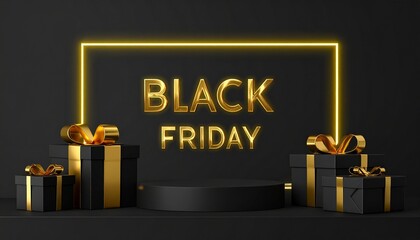 Black Friday Sale Elegant Gold Gifts, Black Background, Neon Frame