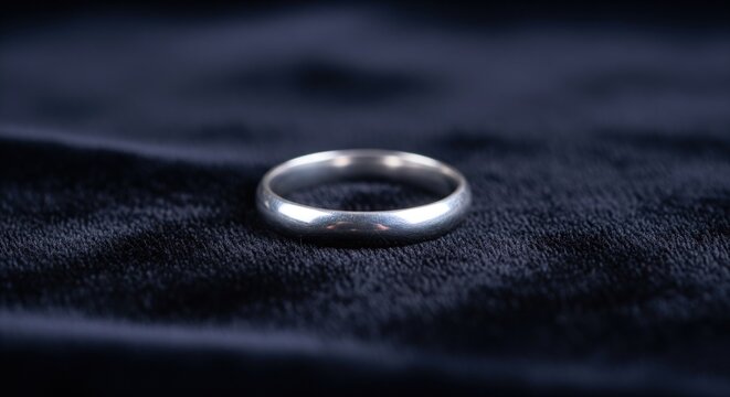 A simple and elegant wedding ring on a black velvet background, symbolizing love, commitment, and enduring partnership for a special occasion and creating a sense of timeless elegance .